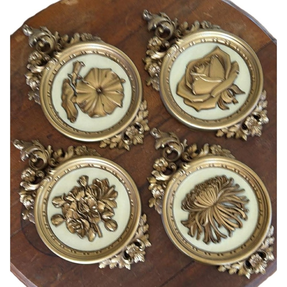 Dart Industries Floral Set of 4 Wall Plaque Gold #7490 Vintage Hollywood Regency